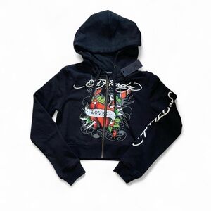 Ed Hardy black zip up hoodie with front, back and sleeve detail size large NWT